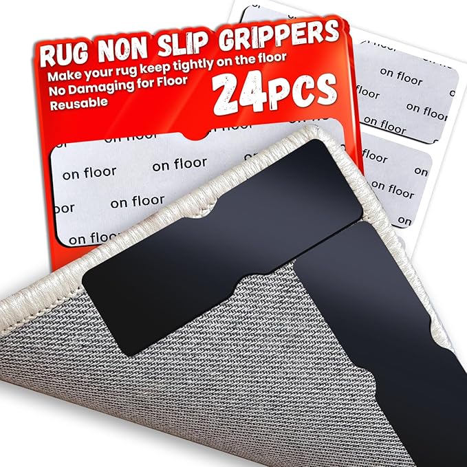 Rug Non Slip Grippers, Reusable Rug Tape Pads for Hardwood Floors, Laminate Floor, Tiles, No Residue on Flooring, Strong Adhesive Carpet Tape for Area Rugs, Keep Corners Flat (24)