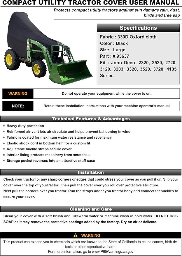 John Deere Cover for Compact Utility Tractors (Large) #LP95637 for Series 2320, 2520, 2720, 3120, 3320, 3520, 3720, 3203 and 4105