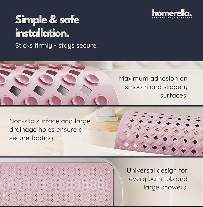 Bathtub Mat Non Slip 28x16 - homerella® Bath Mat Incl. Hooks for Drying, 100% BPA Free, Shower Mat Non Slip Anti Mold, Machine Washable, Shower Mats for Inside Shower Mildew Resistant (Rose)