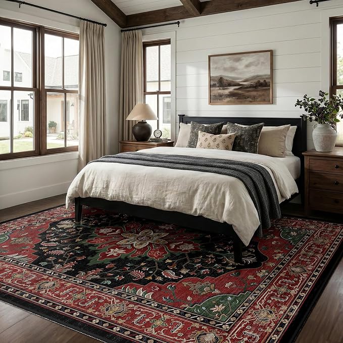 RELEANY Area Rugs Large 9'x12' Washable Non-Slip, Floral Vintage Distress Medallion Carpet for Living Room Bedroom Dining Room, Red Black