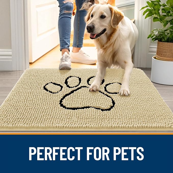 OLANLY Dog Door Mat for Muddy Paws 48x30, Paw Print Design, Absorbs Moisture and Dirt, Absorbent Non-Slip Washable Doormat, Quick Dry Chenille Mud Mat for Dogs, Entry Indoor Entryway Carpet, Sand