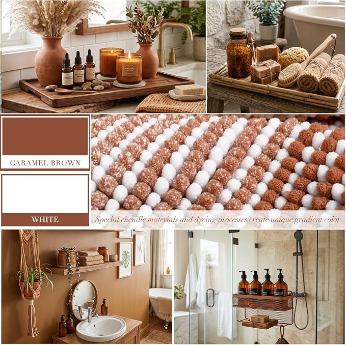 BSICPRO Bathroom Rugs and Mats Sets, 2 Piece Thick Absorbent Chenille Bath Mat Rug Set Non Slip, Soft Bath Room Floor Mats for Bathroom, Machine Washable (20" x 47" Plus 16" x 24",Caramel Brown)