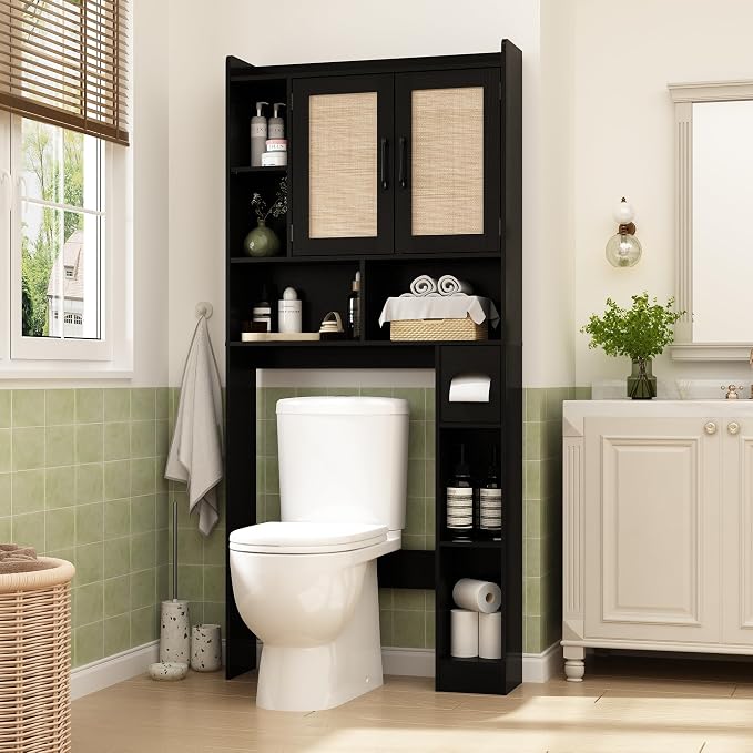 RUSTOWN Rattan Over The Toilet Storage Cabinet, Boho Over Toilet Bathroom Organizer with 2 Doors & Adjustable Shelves, Modern Above Toilet Rack with Toilet Paper Holder for Bathroom, Laundry(Black)