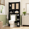 RUSTOWN Rattan Over The Toilet Storage Cabinet, Boho Over Toilet Bathroom Organizer with 2 Doors & Adjustable Shelves, Modern Above Toilet Rack with Toilet Paper Holder for Bathroom, Laundry(Black)