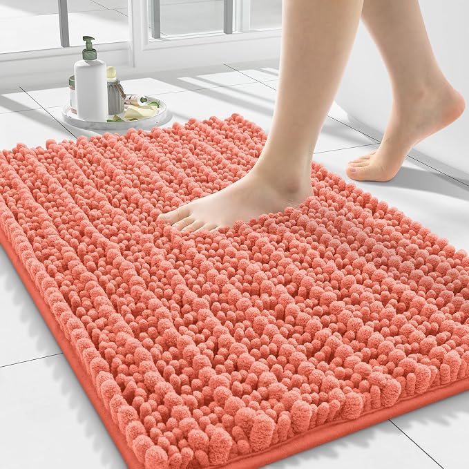Smiry Bathroom Rugs Mat 24x16, Extra Soft Absorbent Chenille Bath Rugs, Non Slip Rubber Backing Machine Washable Quick Dry Bath Mats for Bathroom Floor, Tub, Shower, Home Decor Accessories, Coral