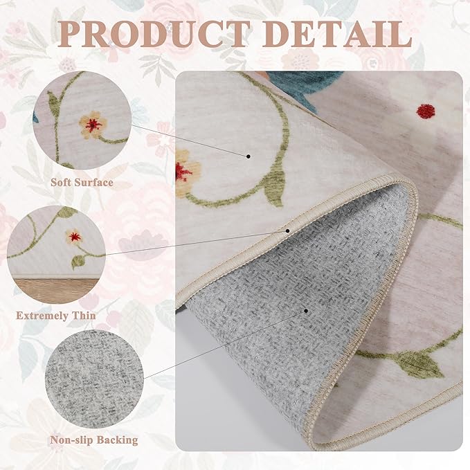 DUKINO 3x8 Runner Rug, Washable Rug for Kitchen with Non Slip Backing, Soft Non Shedding & Low Pile Design Long Floor Carpet Runner for Hallway, Bathroom, Entryway, Laundry, Beige