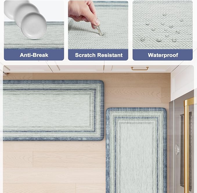 KIMODE Anti Fatigue Kitchen Mat 2PCS Non-Skid Waterproof Kitchen Rugs Farmhouse Kitchen Mat for Floor Laundry Room Rug,Cushioned Comfort Foam Standing Mat for Office Sink Desk Blue and Gray Home Decor