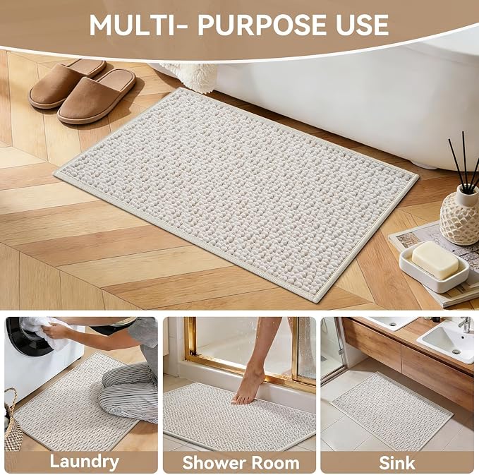 20x32 Extra Soft Chenille Bathroom Rugs - Non Slip Quick Dry Absorbent & Washable Bath Mat, Thin Low Profile Fit Under Door, Shower Mat for Outside Shower - Beige