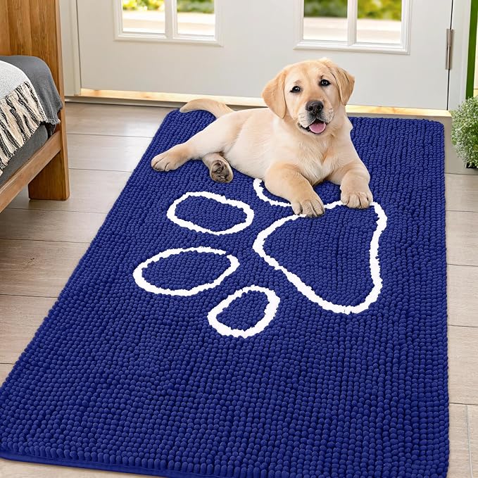 Smiry Dog Door Mat for Muddy Paws, Absorbent Dirt Trapper Non Slip Quick Dry Washable Chenille Mat for Mud Dogs, Entry Rug for Indoor and Outdoor (47x32 Inches, Navy Blue and White)