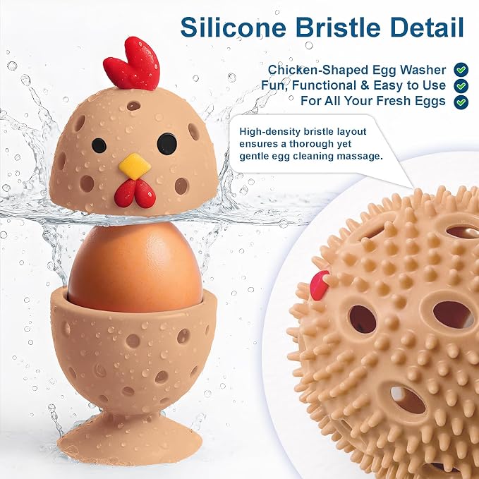 Egg Washer for Fresh Eggs, Egg Scrubber for Fresh Eggs, 2 Reusable Silicone Chicken Shaped Scrubs, Chicken Egg Cleaner, Eggshell Cleaner for Poultry Farm, Housewife Tools Vegetable Processing (Brown)