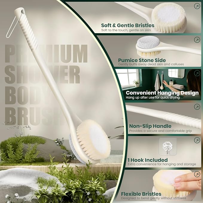 Back Scrubber for Shower, Long Handle Exfoliating Brush, Dual-Sided Bath Brush with Soft Bristles & Volcanic Pumice Stone, Anti-Slip Grip for Men & Women (Light Yellow)