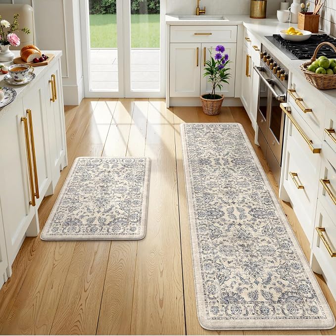 KIMODE Kitchen Floor Mats Cushioned Anti Fatigue,Boho Floral Rugs Sets of 2,Ergonomic Memory Foam Carpet Non Slip 20" x 71"+20" x 32", Wide Long Comfort Runner for Sink Laundry Office,Blue