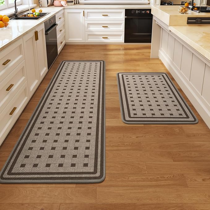 Kitchen Mats for Floor, 17''x30''+17''x59''Kitchen Rugs Set of 2, Washable Absorbent Non Slip Kitchen Mat, Braided Kitchen Runner Rug, Kitchen Sink Rug, Brown