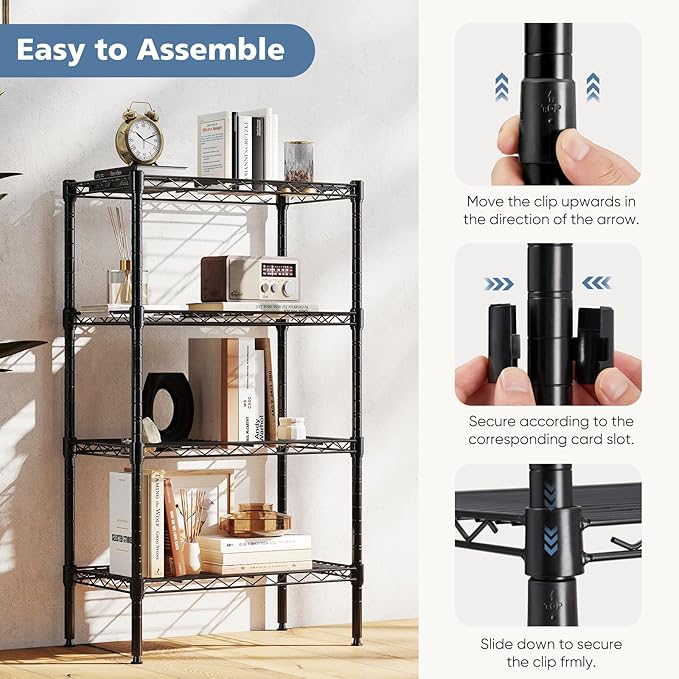 DUMOS 4-Tier Metal Wire Storage Shelves, Adjustable Standing Storage Rack Shelf, Heavy Duty Steel Shelving Unit Organizers for Kitchen Bathroom Pantry Garage, 23.3" Wx13.4 Dx47 H, Black