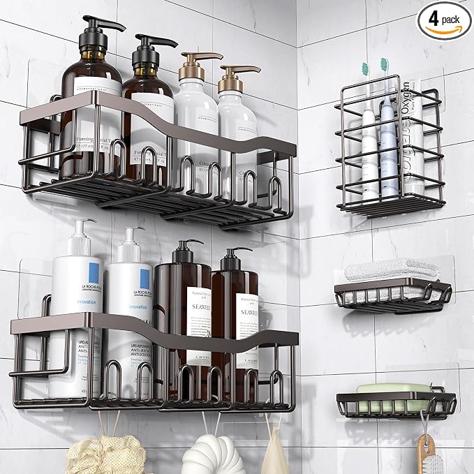 5-Pack Shower Caddy, No Drill Adhesive Shower Organizer, Rustproof Stainless Steel Bathroom Organizer, Space-Saving Bathroom Shelves for Apartment Essentials, Kitchen Storage Home Decorr-Larger