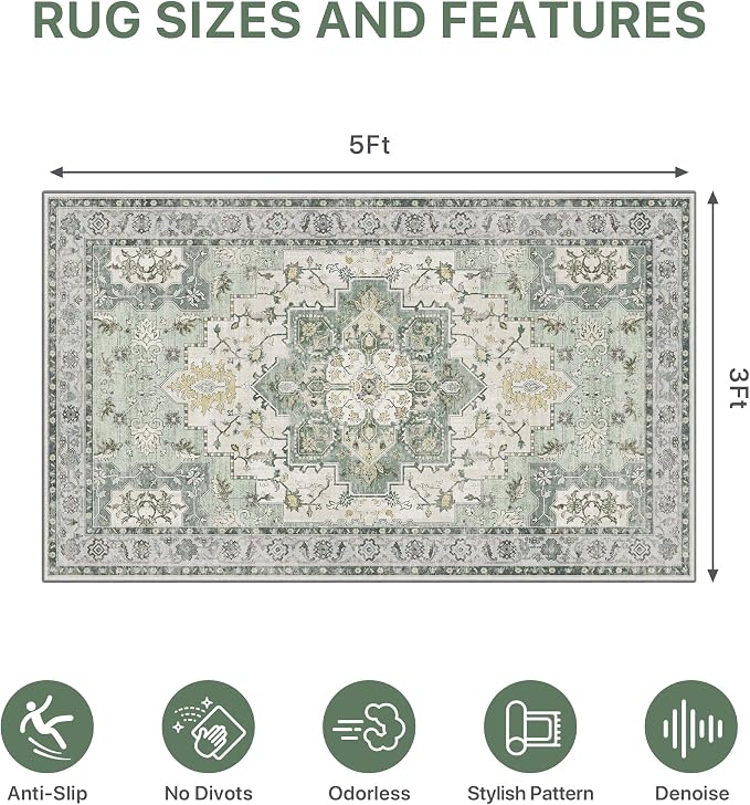 36"x60" Office Chair Mat for Hardwood Tile Floor, Under Desk Carpet Protector for Rolling Computer Chair Mat, Machine Washable Area Rug, Anti-Slip 1/5" Thick Low Pile Thin Vinyl Floor Mat, Green