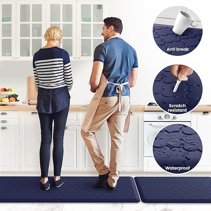 Kitchen Mat [2 PCS] Cushioned Anti-Fatigue Floor Mat Water Resistant Non-Skid Kitchen Mats and Rugs Ergonomic Comfort Foam Kitchen Rugs Standing Mat for Floor Office Sink(Blue,17.3"x28"+17.3"x60")