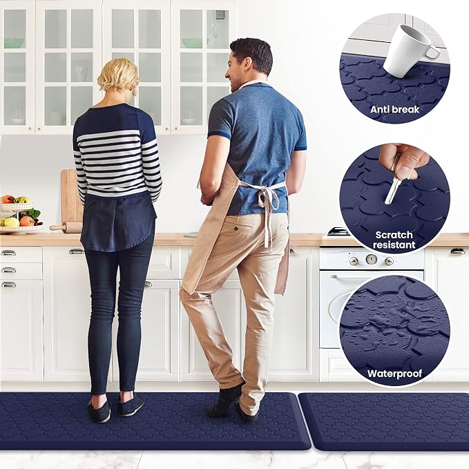Kitchen Mat [2 PCS] Cushioned Anti-Fatigue Floor Mat Water Resistant Non-Skid Kitchen Mats and Rugs Ergonomic Comfort Foam Kitchen Rugs Standing Mat for Kitchen Floor Office Sink Laundry(Blue)