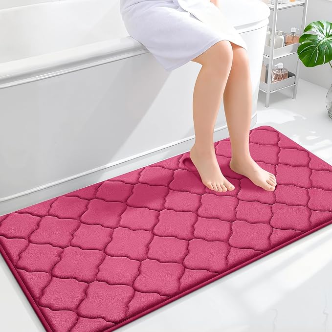 OLANLY Memory Foam Bath Mat Rug 47x24, Ultra Soft and Absorbent Bathroom Rugs, Non-Slip, Comfortable, Machine Washable Bath Carpet for Bathroom Floor, Tub, Shower and Home Decor Accessories, Deep Pink