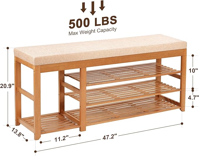 PETKABOO 47.2 in Shoe Rack Bench with Cushion, 3 Tier Bamboo Entryway Bench with Storage for Entryway, Hallway, Bedroom, Living Room