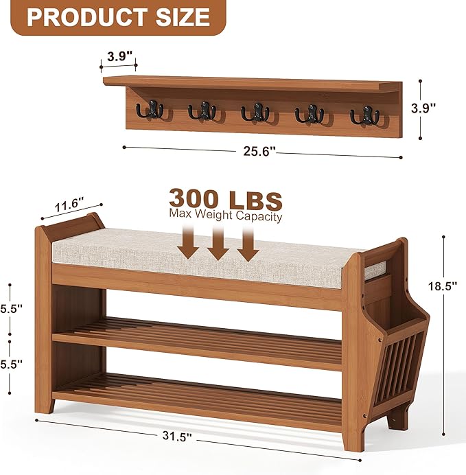 PETKABOO 31.5" Shoe Bench with Coat Rack Hidden Drawer and Side Holder, 2 Tier Entryway Bench with Storage 39.4 in, Bamboo Shoe Rack with Cushion for Entryway Hallway Living Room Bedroom