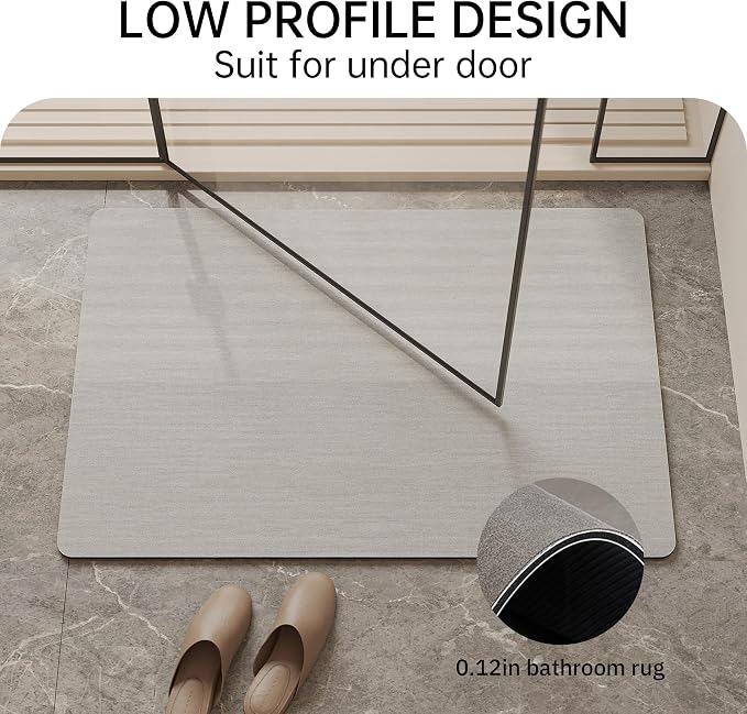 Mecko Bath Mat Rug, Ultra Thin Bathroom Rug -Rubber Non-Slip Quick Dry Absorbent Bath Mat Fit Under Door, Faux Suede Surface Bathroom Floor Mats for Bath, Shower, or Sink (Light Grey,24"x36")