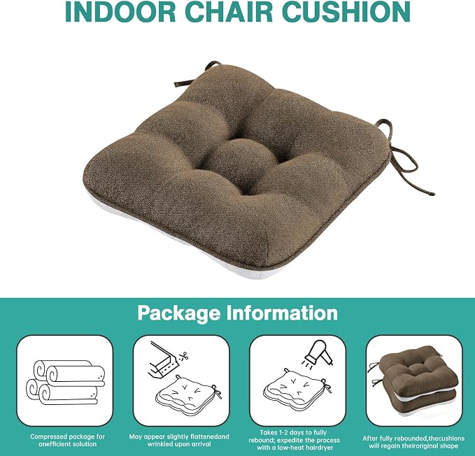 BETU Chair Cushions for Dining Chairs Set of 2,3.5" Thick Kitchen Table Chair Pads with Ties,Non Slip Backing and Covers, Seat Cushion for Dining Room,Bar,Patio Chairs,15.5"X15.5"X3.5",Brown