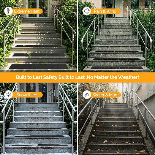 Outdoor Stair Treads Non Slip for Wooden Steps 6" x 30" - 15 Pack Weather Resistant Exterior Grip Tape, Non Slip Stair Treads, Anti Skid Strips, Waterproof 80-Grit High Traction Adhesive Treads, Black