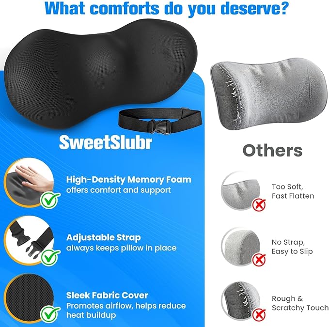 SweetSlubr Lumbar Support Pillow for Office Chair - Memory Foam Lumbar Pillow with Detachable Strap & Breathable Cover, Ergonomic Back Support for Office Chair, Car Seat Cushion, Bed Rest (Black)