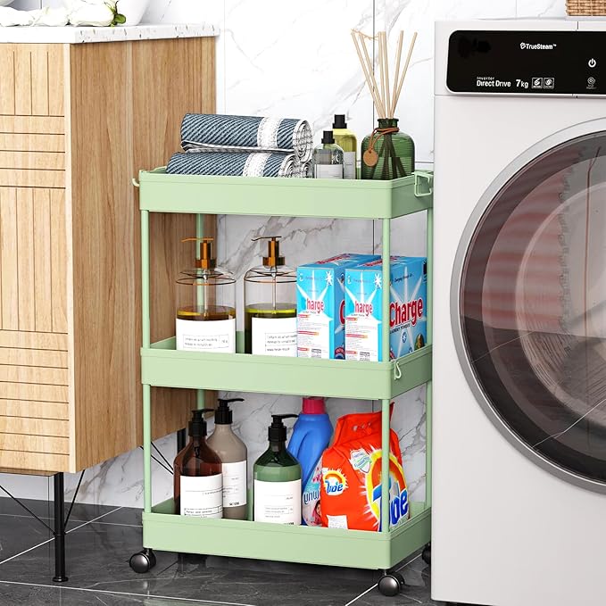 SPACEKEEPER Green 3-Tier Rolling Storage Cart, Bathroom & Kitchen Organizer, Modern Plastic Frame, Adjustable Shelves