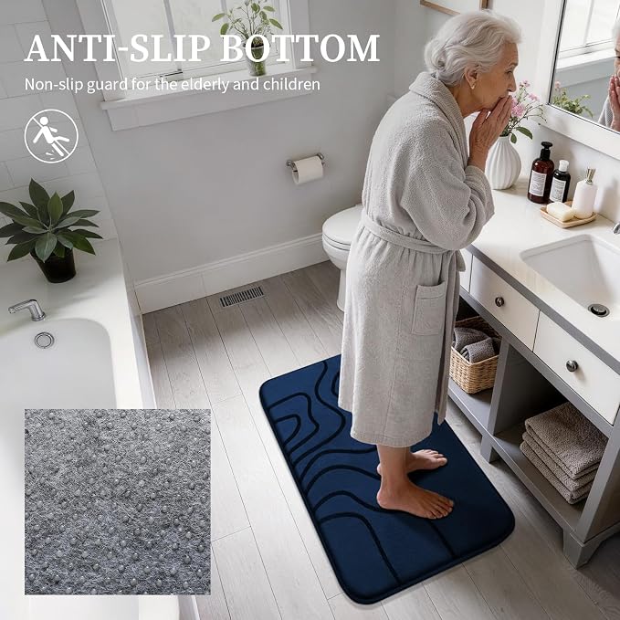 YIHOUSE Memory Foam Bathroom Rugs Sets 3 Piece - Extra Thick Ultra Soft Absorbent Bath Mat Set, Non-Slip Machine Washable Bath Rugs for Bathroom, Tub & Shower, Home Decor Accessories, Dark Blue