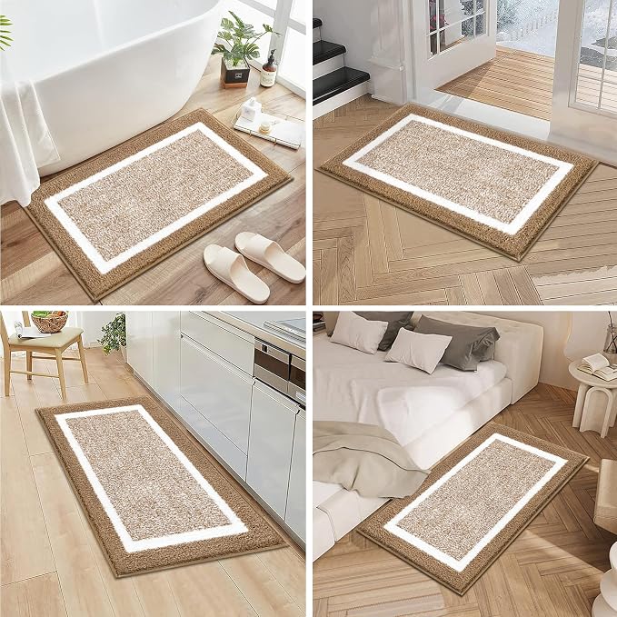 Pauwer Bathroom Rugs Sets 3 Piece Bathroom Shower Rugs with U-Shaped Contour Toilet Mat Absorbent Microfiber Plush Non Slip Bath Mats Machine Washable Shaggy Bath Floor Mats, Khaki