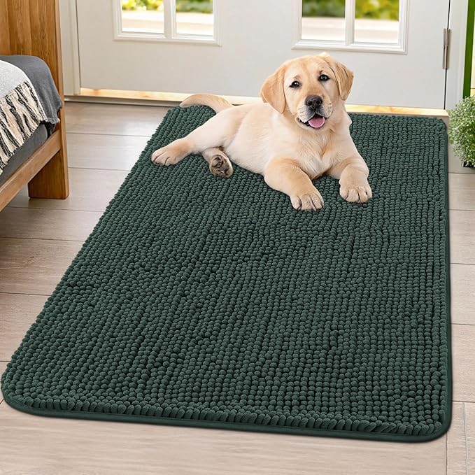 Smiry Dog Door Mat for Muddy Paws 40x32, Absorbent Dirt Trapper, Non-Slip Washable Chenille Entryway Rug for Inside Floor, Green, Classic Solid