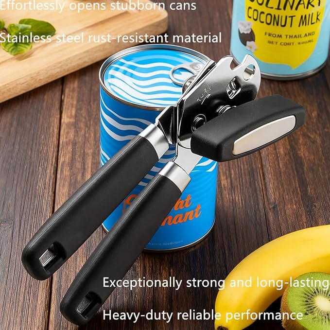 Bestac Multifunction Can and Bottle Opener for Kitchen and Home Use, Stainless Steel Smooth Edge Manual Can Opener and Bottle Openers, Soft-Grip Handles (Black)