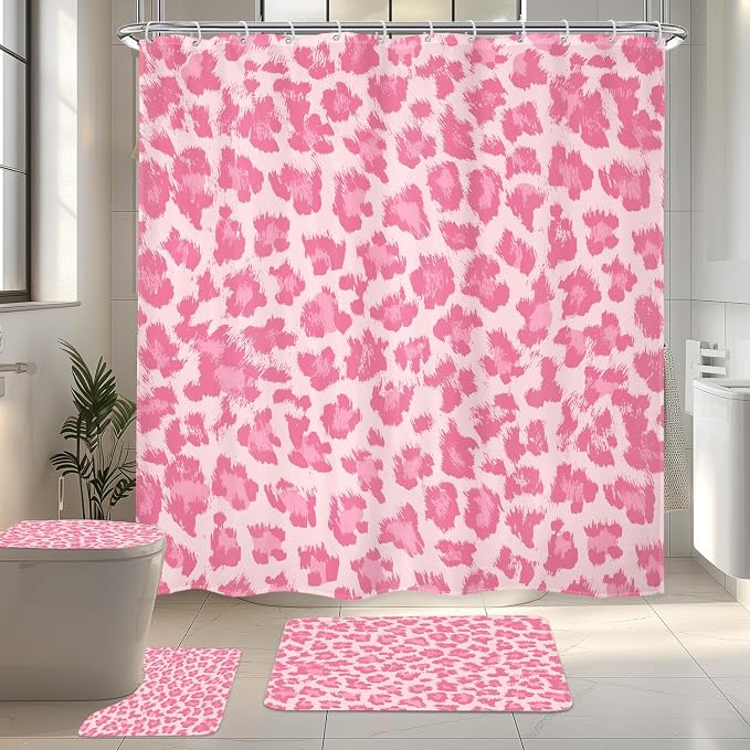 4 PCS Pastel Pink Leopard Print Shower Curtain Set 72Wx72H,Toilet Lid Cover,Non-Slip Rugs and U-Shaped Mat,Wild Cheetah Bathroom Sets with Rugs with 12 Hooks for Bathroom Decor