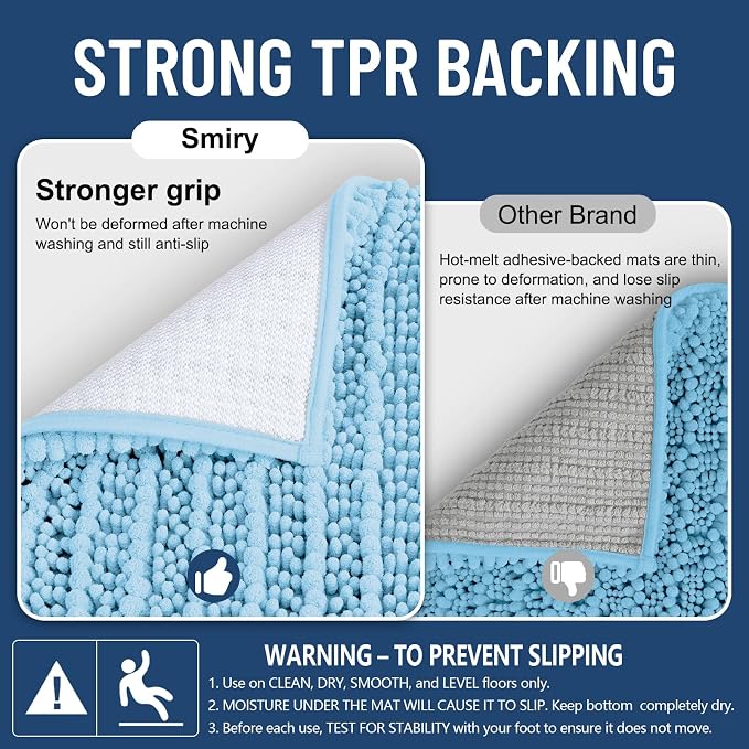 Smiry Bathroom Rugs Mat 24x16, Extra Soft Absorbent Chenille Bath Rugs, Non Slip Rubber Backing Machine Washable Quick Dry Bath Mats for Bathroom Floor, Tub, Shower, Home Decor Accessories, Sky Blue