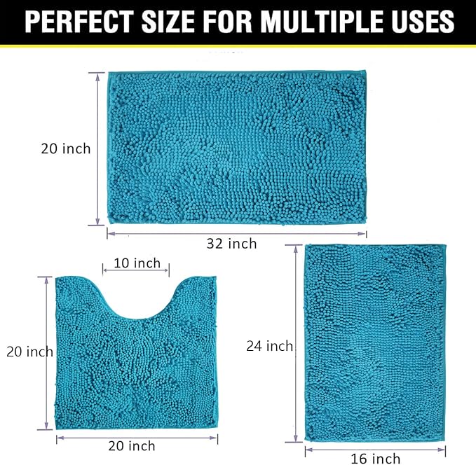 Bathroom Rugs Chenille 3-Piece Extra Soft and Absorbent Shag Bathroom Rugs, Machine Wash Mat, Strong PVC Non-Slip Underside, Plush Carpet Mats (Turquoise)