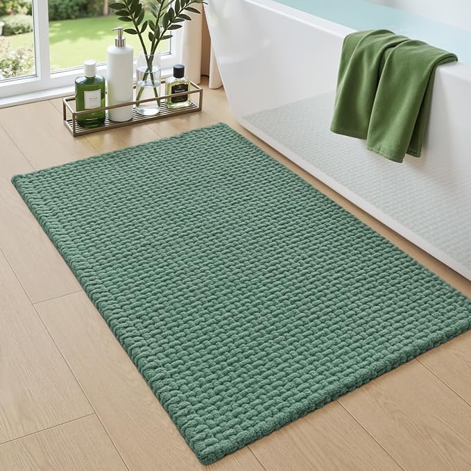 DEXI Bathroom Rugs 32x20, Non Slip Washable Bath Mat, Absorbent Chenille Bathmat, Ultra Soft Thick Carpet for Tub Shower Floor, Green