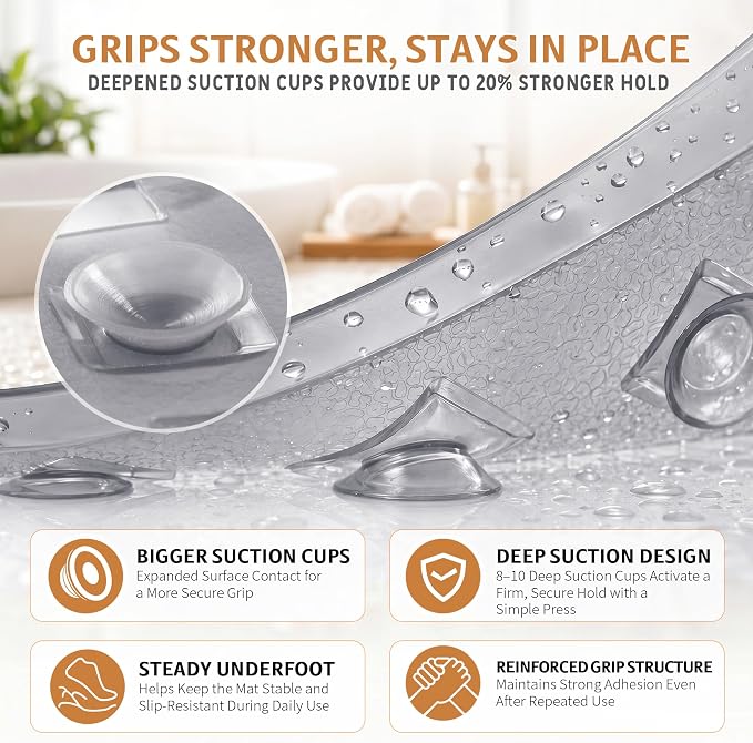 Yimobra Bathtub Mat Non Slip, Shower Mat with Strong Suction Cups & Drain Holes, 28"X16", Anti Slip Bath Tub Mat for Inside Shower, Machine Washable Fast Drying, Bathroom Essentials, Clear Gray