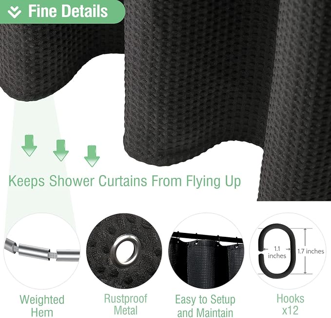 Dynamene Long Black Fabric Shower Curtain - Waffle Textured Tall Heavy Duty Cloth Shower Curtains for Bathroom, 256GSM Large Hotel Spa Luxury Bath Curtain Set with 12 Plastic Hooks(72Wx78H, Black)