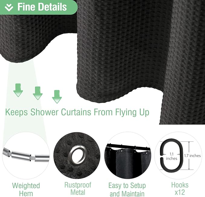Dynamene Extra Long Shower Curtain,96 Inch Long Waffle Weave Heavy Duty Thick Cloth Bathroom Shower Curtain, Neutral Weighted Hotel Bath Curtain Set with 12 Plastic Hooks,72x96,Black