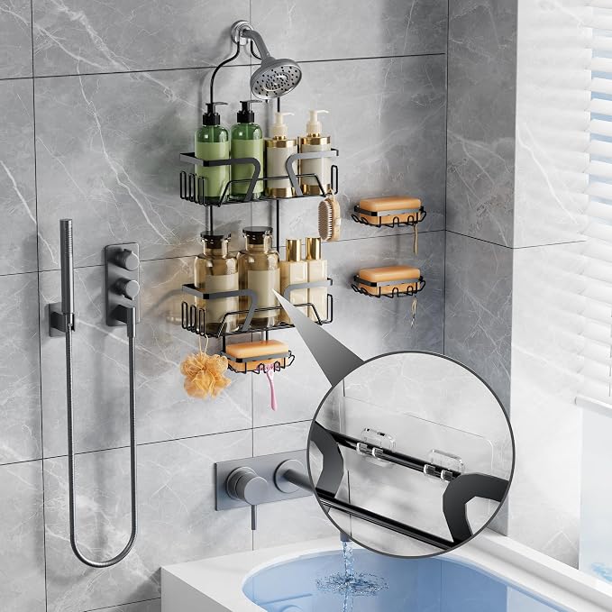 DAOYA Shower Organizer, No Drilling Over Shower Head Caddy with 2 Soap Dish, Rustproof Bathroom Storage Rack for Shampoo Conditioner Soap, Quick-Dry Drainage