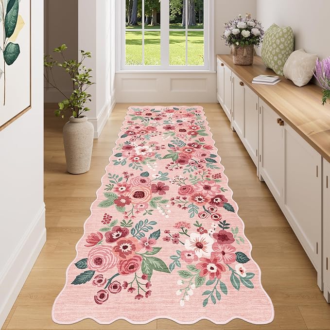 DUKINO 3x8 Washable Runner Rug, Soft Indoor Floral Non Slip Long Runner Rug for Hallways, Lightweight & Low Pile Floor Carpet for Kitchen, Entryway, Hallway, Bathroom, Laundry, Bedroom, Pink
