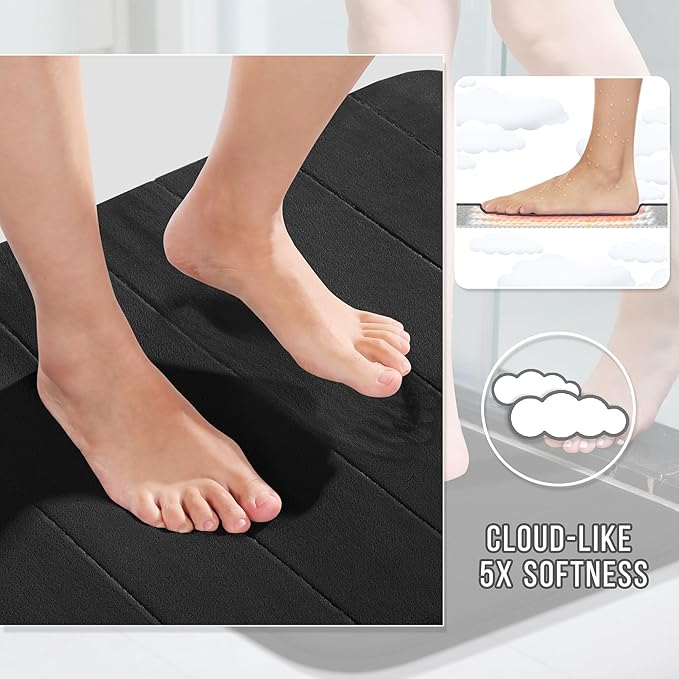 Yimobra Memory Foam Bath Mat Set 2 Piece - Super Soft Absorbent Quick Dry Bathroom Toilet Rugs, Machine Washable Non Slip Floor Carpet for Tub Shower & Single Sink (31.5x20 & 24x20, Black)