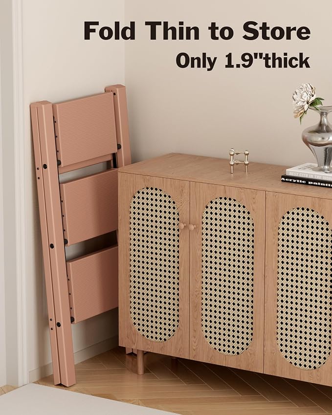 3 Step Ladder, Aluminum Lightweight Folding 3 Step Stool with Anti-Slip Wide Pedal, 330lbs Capacity Ladder for Household,Library,Office(Light Peach Pink)