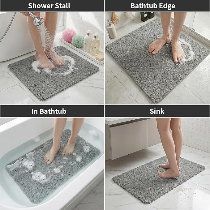 Shower Mat Non Slip, 16 x 24 Inch, Grey Shower Mats for Inside Shower, Soft PVC Loofah Bath Mats for Tub, Quick Drying Easy Cleaning Bathroom Stall Floor Mat Without Suction Cup