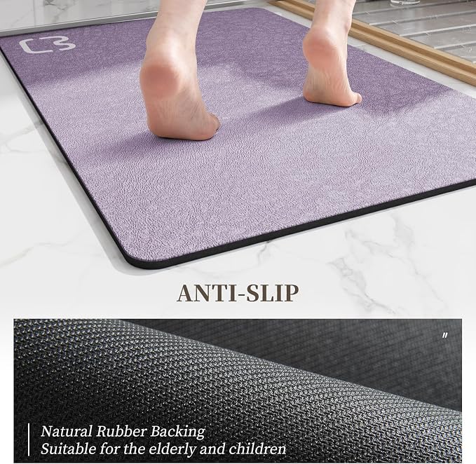 RUERYA Diatomaceous Earth Bath Mat 17" x 59" Extra Long Bathroom Mat Large Fast Dry Super Absorbent Non-Slip Rubber Backed Shower Mat Bath Rugs Mats for Bathroom Floor, Tub, Shower, Sink, Lavender