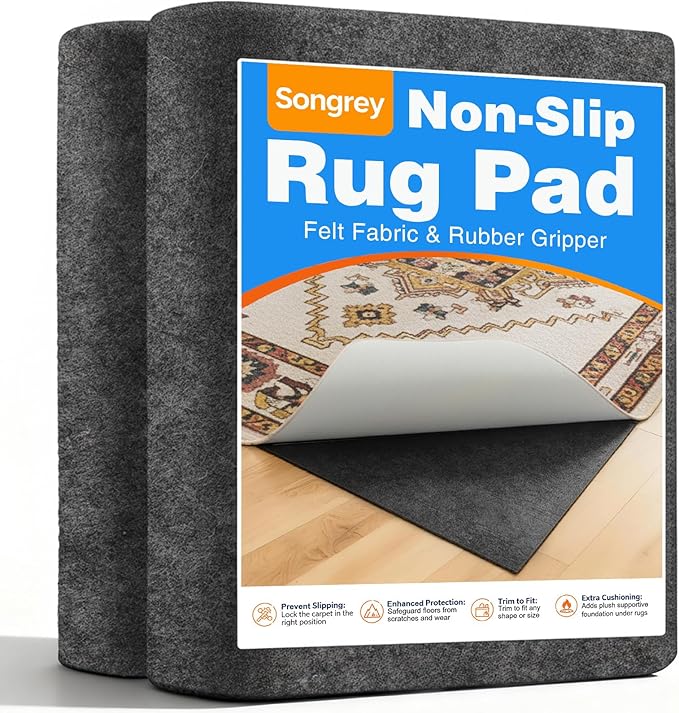 Songrey Non Slip Rug Pad Gripper 10x14 Ft, Thick Felt Fabric with Anti Skid Backing, Carpet Pad for Hardwood Floors, Keep Area Rugs in Place and Safe
