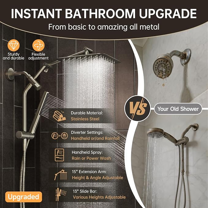 Veken All Metal 10" Brushed Nickel Shower Head with Handheld, Luxurious Square Double Rain Shower Heads with Power-wash Hand Held, Dual High Pressure Detachable Rainfall Showerhead,Bathroom Upgrade