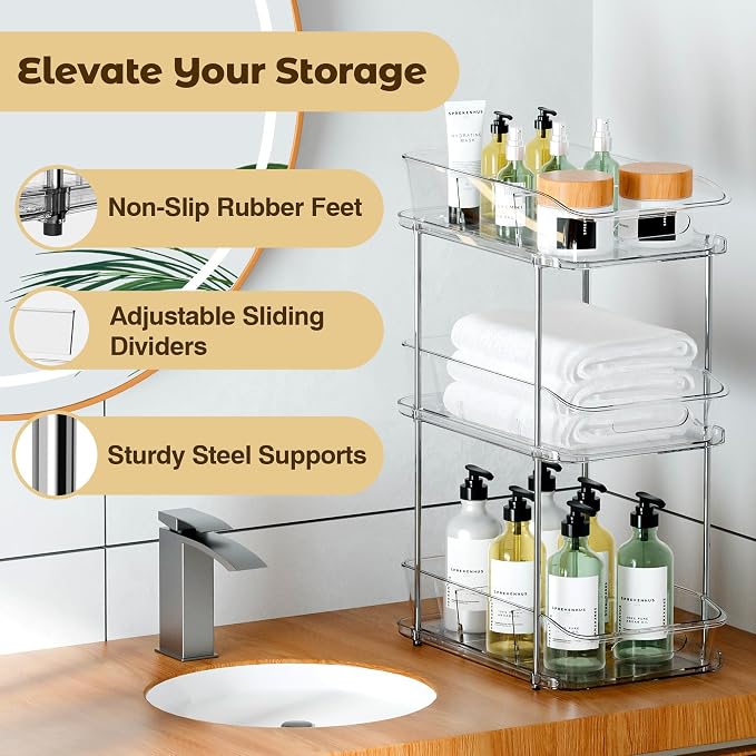 incostar 3 Tier Under Sink Organizer, 2 Pack 3 Tier | Pull-Out Storage, With Dividers, Slide-Out Clear Storage, For Cupboard Bathroom Vanities Cabinet